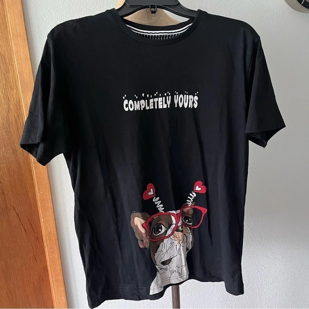 DENIM & FLOWER sz M Black Tshirt French BULLDOG Completely Yours Short Sleeve - Picture 2 of 7